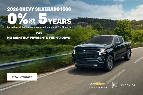 2026 Chevy Silverado 1500. 0% APR for 5 years for well-qualified buyers when you finance with GM ...